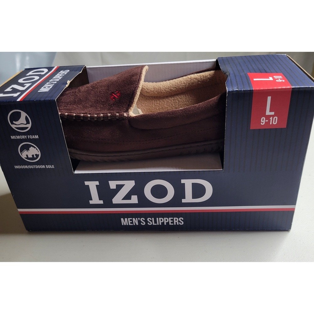 IZOD Mens Slippers Brown Faux Suede Memory Foam Moccasins ~ Size Large 9-10